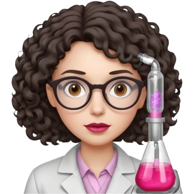 A crazy female scientist, with curly-wavy dark brown medium lenght hair, brown eyes and light grey glasses and pale skin and pinkish lips, dressed to look like an english teacher but in neutral tones like grey black white, maybe with the pop of dark red, with no girly colors,  emoji