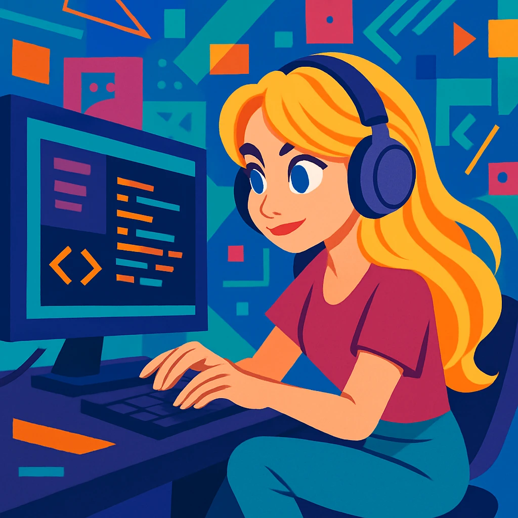 Sabrina Carpenter as a programmer, focused on screen, headphones on, techy background, dynamic pose, lively illustration emoji
