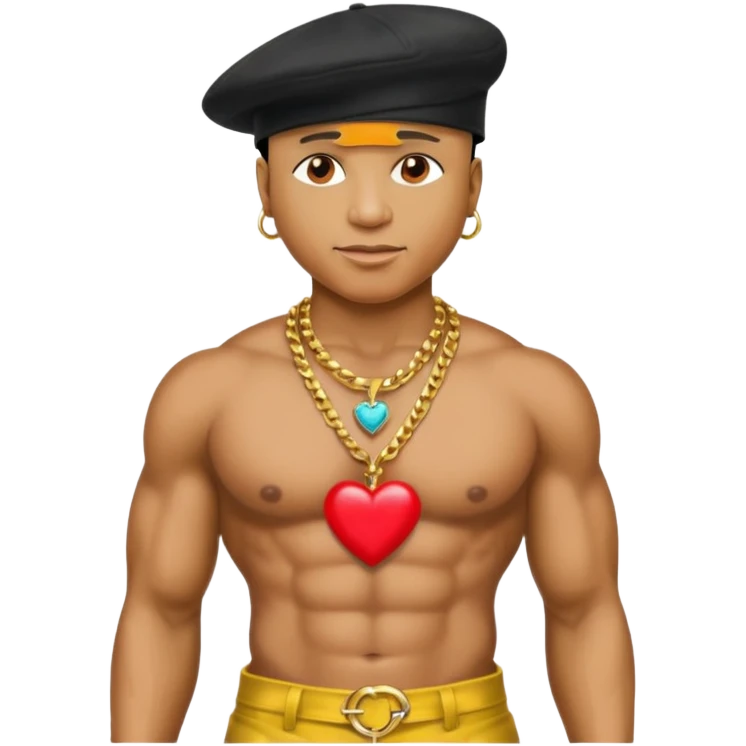 LL Cool J with shirtless with necklace with red heart, metallic yellow pants, black hat emoji