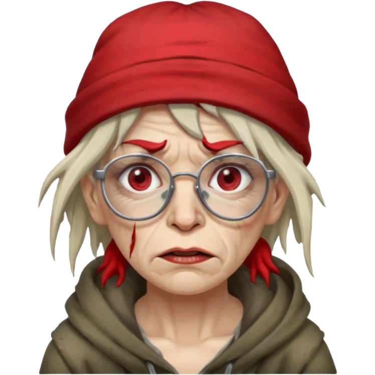 very dirty looking homeless woman with ripped red hat with ugly hair and broken glassess emoji