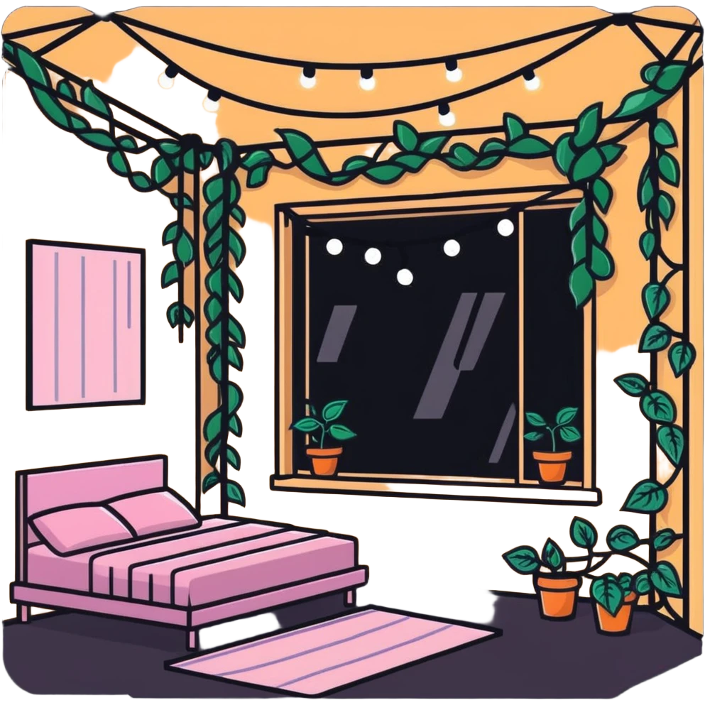 aesthetic room with climbing vines and string fairy lights creating a magical glow emoji