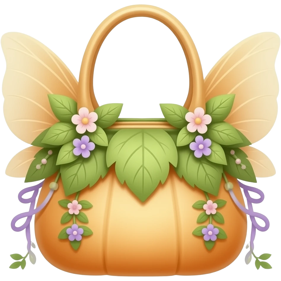 A sweet miniature fairy handbag in soft green and warm orange tones, decorated with leaf details, tiny flowers, elegant ribbons, and small lilac accents. emoji