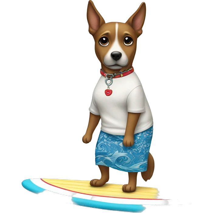 Dog in a skirt on a surf board￼￼ emoji