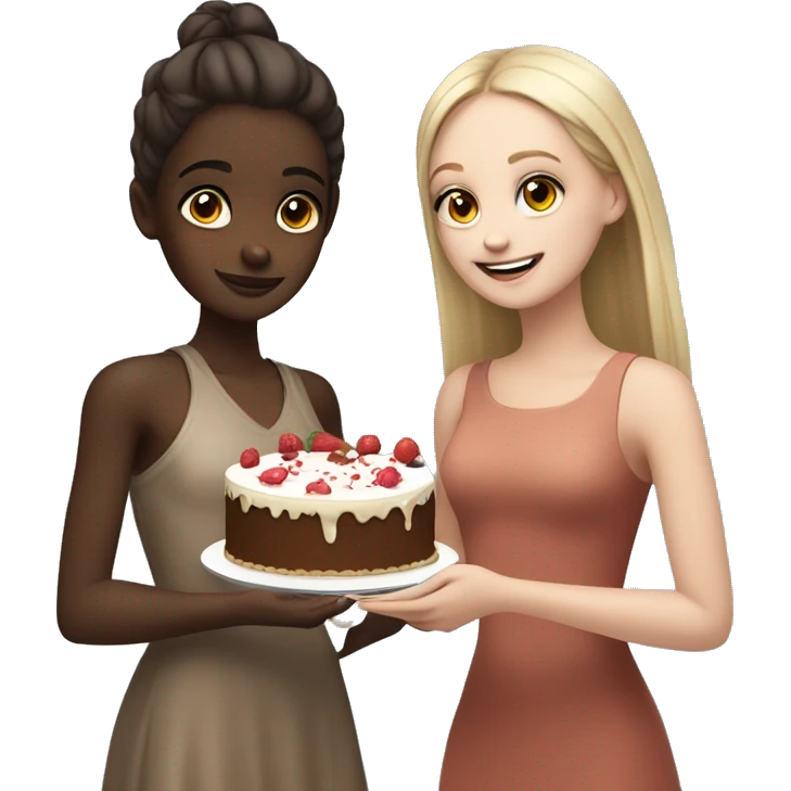 Brown skin girl giving cake to White skin girl emoji