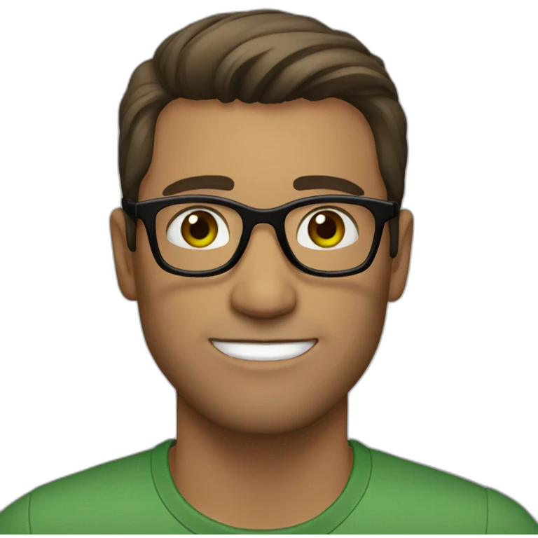 man, green eyes, brown straight hair, black glasses emoji