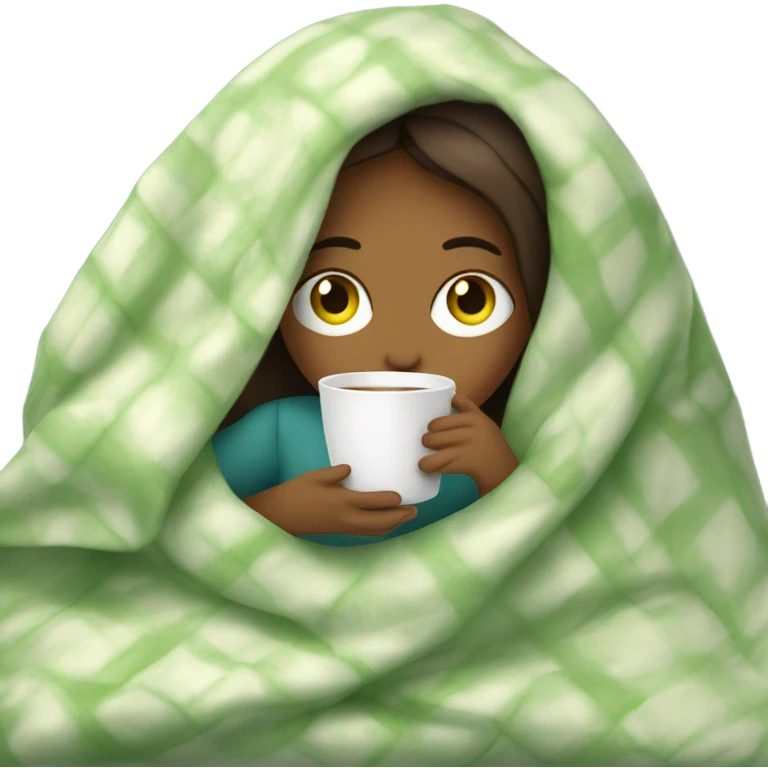 girl inside a blanket sipping coffee, cucumber slices on eyes emoji