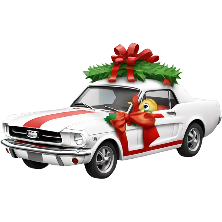 Create a merry Christmas’s messages with a white mustang car from the 1960s with Santa in the drivers seat waving out the window emoji