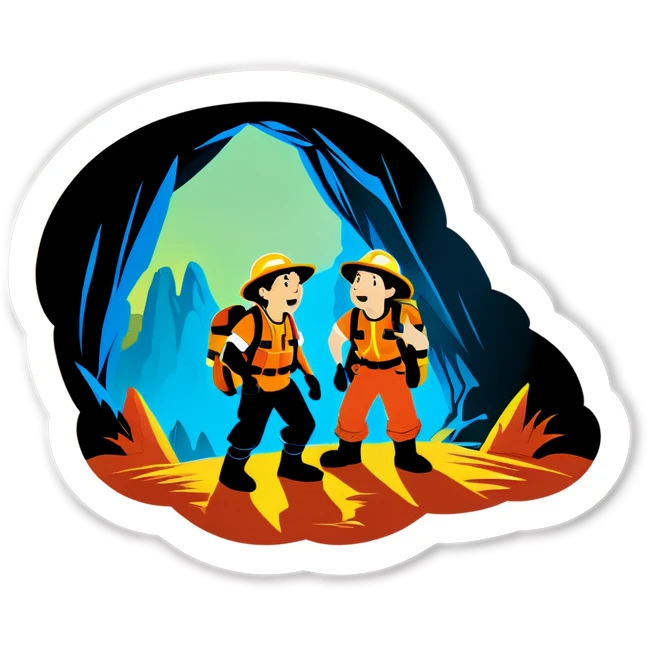 Two Cave explorers, one is scared, but one is confident  emoji