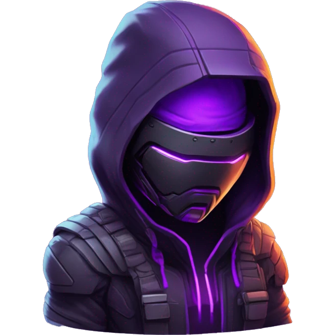 developer behind his laptop with this style : crysis Cyberpunk Valorant neon glowing bright purple character purple violet black hooded assassin themed character emoji