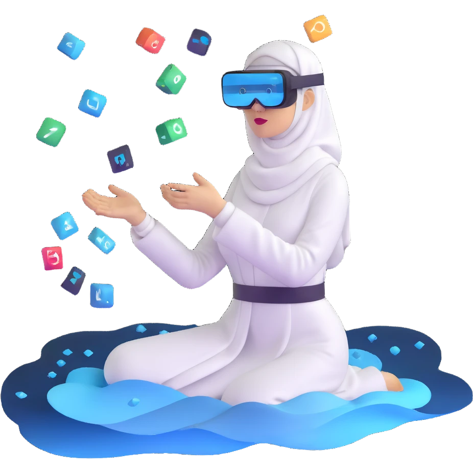 computer engineer with white hijab wearing AR glasses or VR headset, immersed in augmented reality, surrounded by floating metaverse elements, digital codes, virtual machines, tech graphics emoji