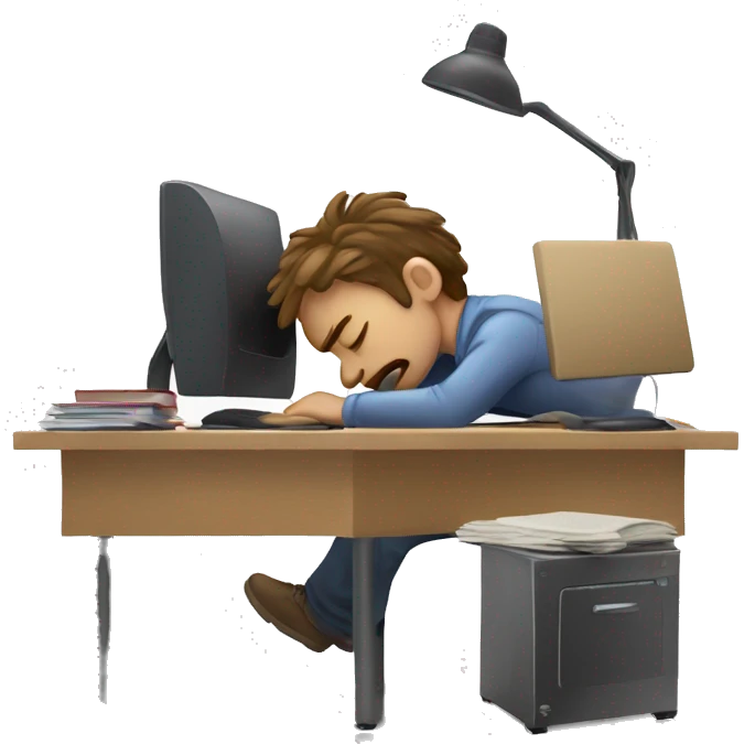 a tired man sleeping on the desk while the computer is open and you can see a warning sign on the screen emoji