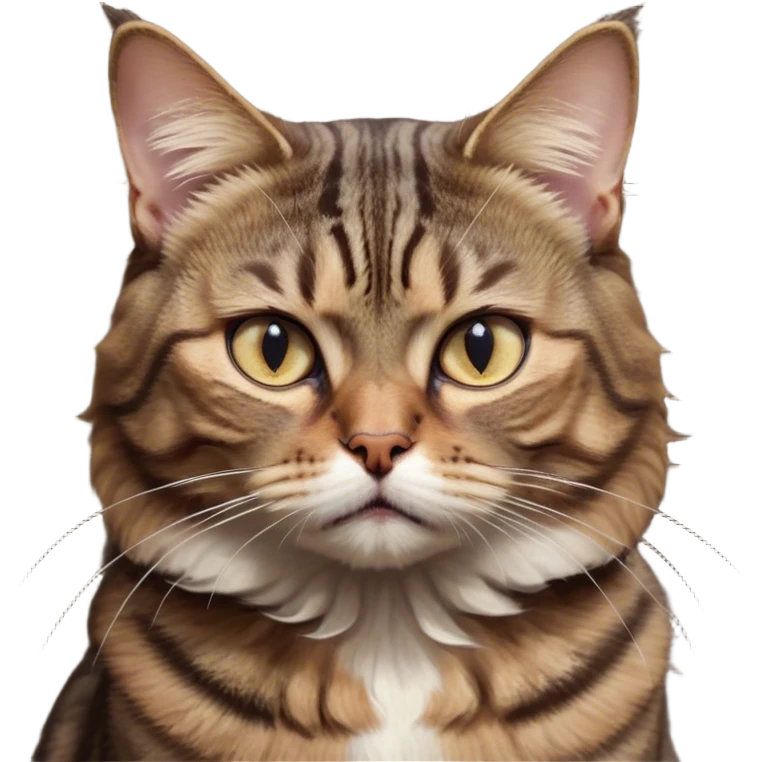 Cinematic Meme-Worthy Grumpy Brown Tabby Cat Portrait Emoji, Head held high but eyes filled with dramatic disappointment, fluffy brown fur with striking tabby markings, signature M-shaped forehead furrowed into an unmistakable scowl, large ears slightly angled back in disapproval, piercing golden-green eyes glaring with pure exasperation, Simplified yet hilariously over-exaggerated features, highly detailed, glowing with an aura of supreme annoyance, high shine, exhausted yet judgmental, stylized with an almost regal pettiness, bright but brooding, soft glowing outline, capturing the essence of a feline that has seen it all and is thoroughly unimpressed, so meme-worthy it feels like it could instantly become the next viral sensation of grumpiness! emoji