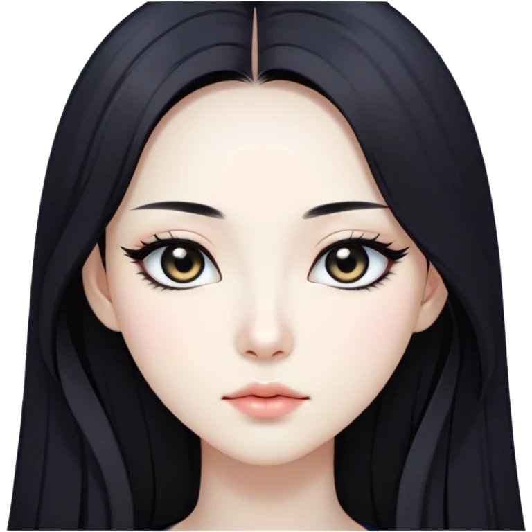 straight black long hair, korean pale skin skin, black iris, pretty bratz baddie, black eyeliner emoji