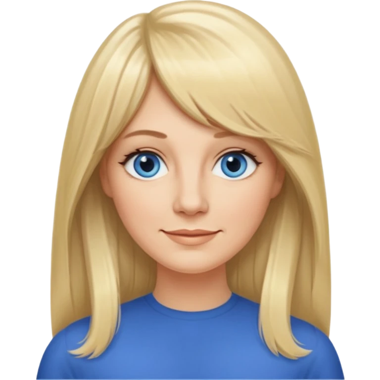 40 yr old white woman, curtain bangs, very long straight blond hair, oval face, small smile, blue eyes, thin oval face, hair down to elbows emoji