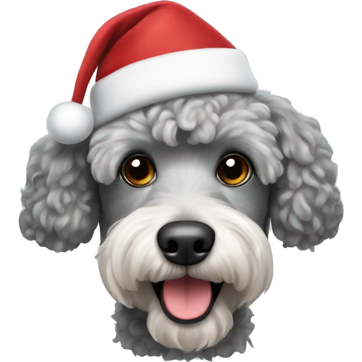 Grey poodle terrier mix wearing a Santa hat emoji