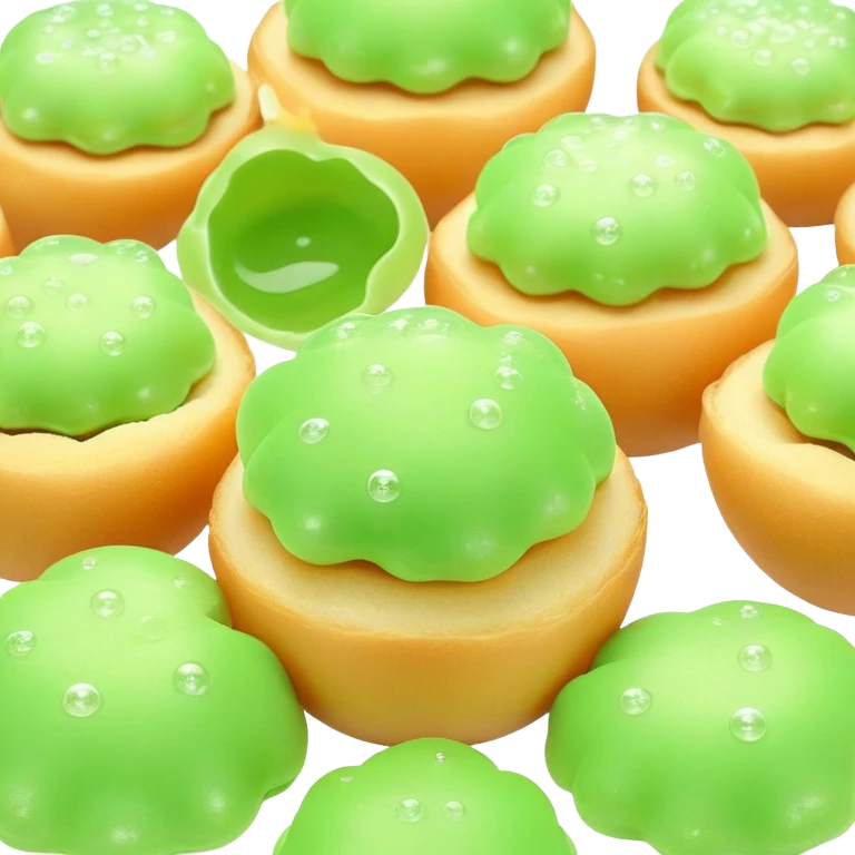 3D rendered Hong Kong egg puffs (港式鸡蛋仔) with pandan flavor, light green color, authentic egg-shaped bubble pattern, hyper-realistic texture, glossy finish, detailed bubbles emoji
