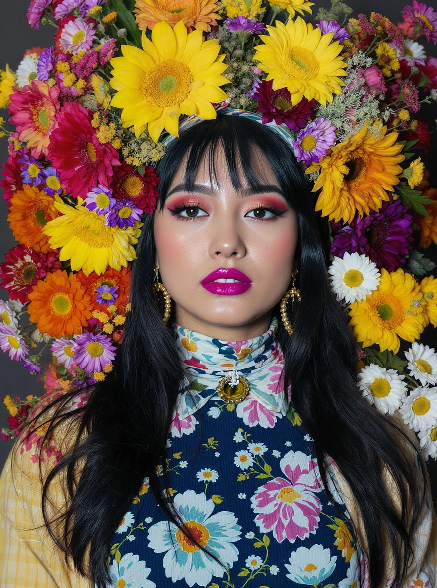Closeup photo of a woman around colorfull flowers wearing alternative fashion emoji