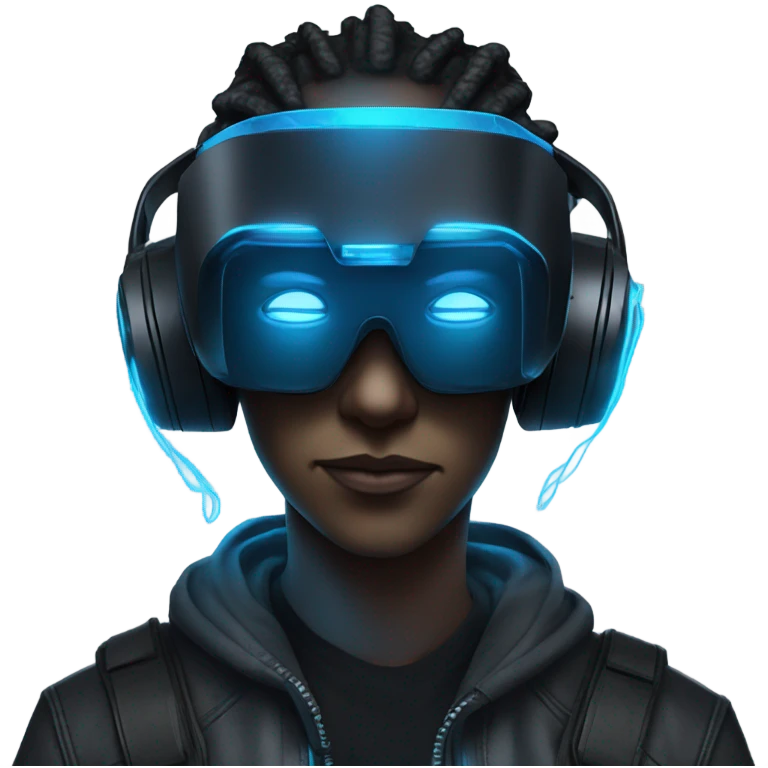 cyberpunk hacker wearing black vr headset, with blue neon lights emoji