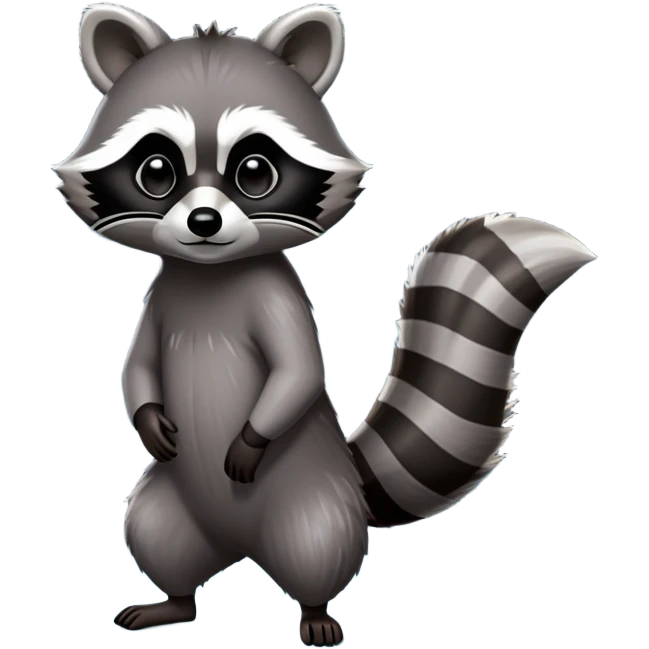 Cinematic-Raccoon-Realistic-Full-Body-Standingon all fours-Emoji – Tail flicking lazily, head tilted dramatically, thick grey fur with a signature black mask, sharp and alert ears, simplified yet realistic focused features, highly detailed, glowing with an almost sarcastic glow. emoji