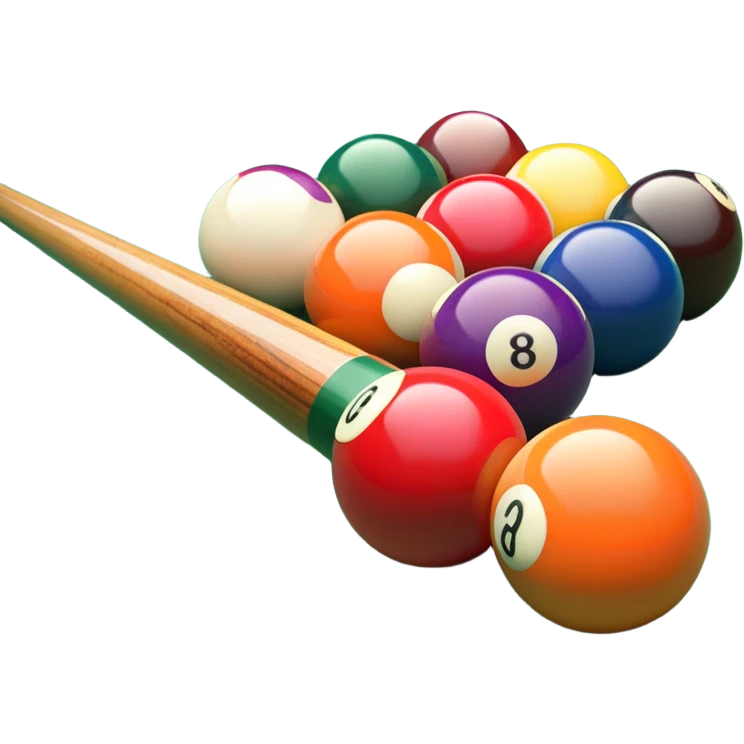A close-up of a pool cue aimed at a set of colorful billiard balls resting on a green felt table. The focus is on the cue stick and the arrangement of balls, with subtle details of the game’s texture and atmosphere, emphasizing the precision and skill of billiards. emoji