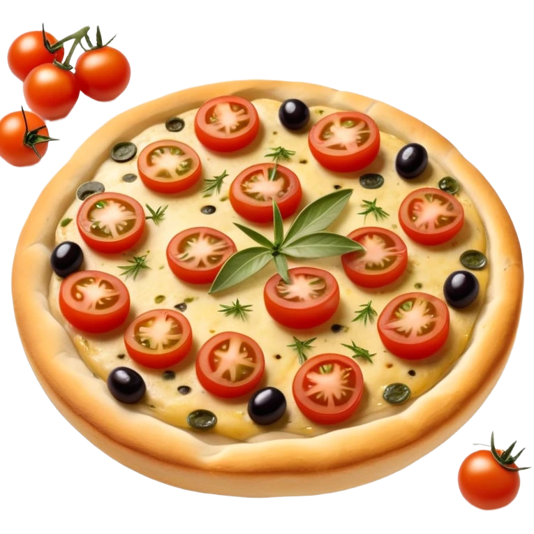 cinematic-realistic-isometric focaccia-bread-dish-emoji,-depicted-as-a-golden,-olive-oil-brushed-flatbread-sprinkled-with-herbs-rendered-with-lifelike-texture-and-soft,-appetizing-lighting showing olives on top and the cherry tomatoes sliced emoji