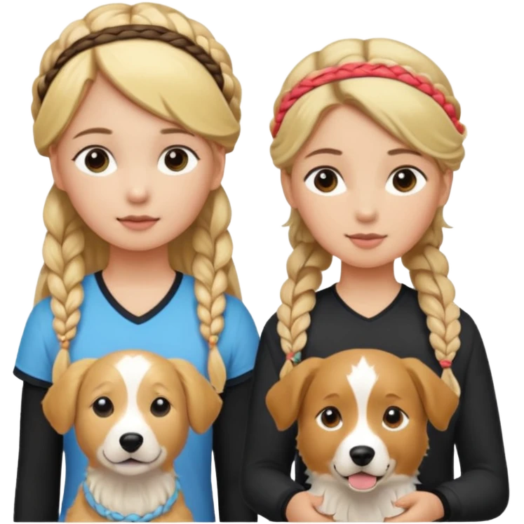 a group of 5 girls two blonde hair tied down one with a golden retriever next to her 1 blonde hair and in a braid  and one brown hair with a head band and 1 blonde hair in a small braid with a border collie next to her emoji