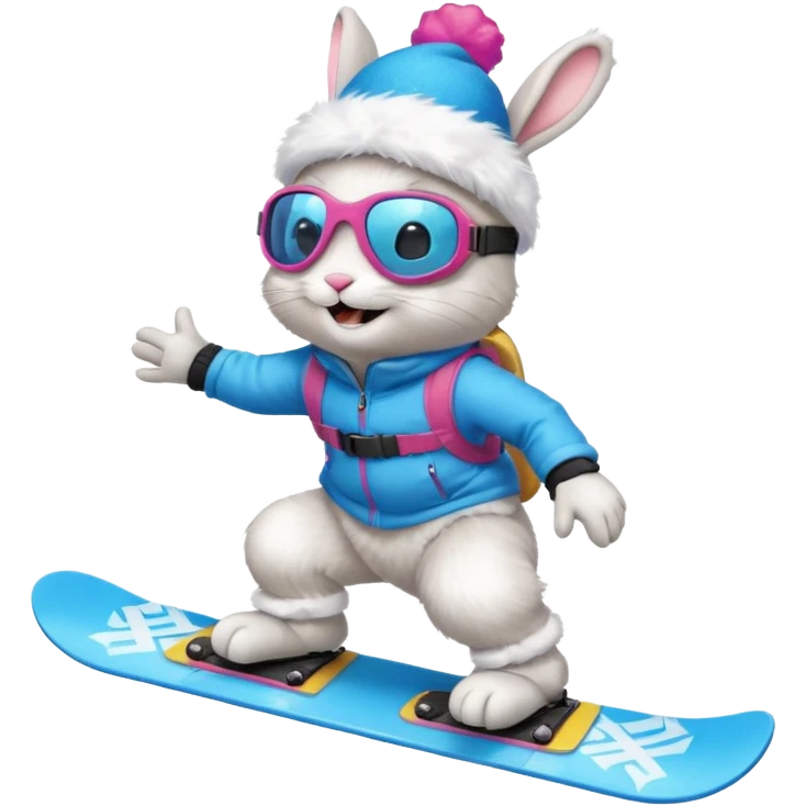 A bunny on a snowboard in blue wearing ski goggles and making party emoji