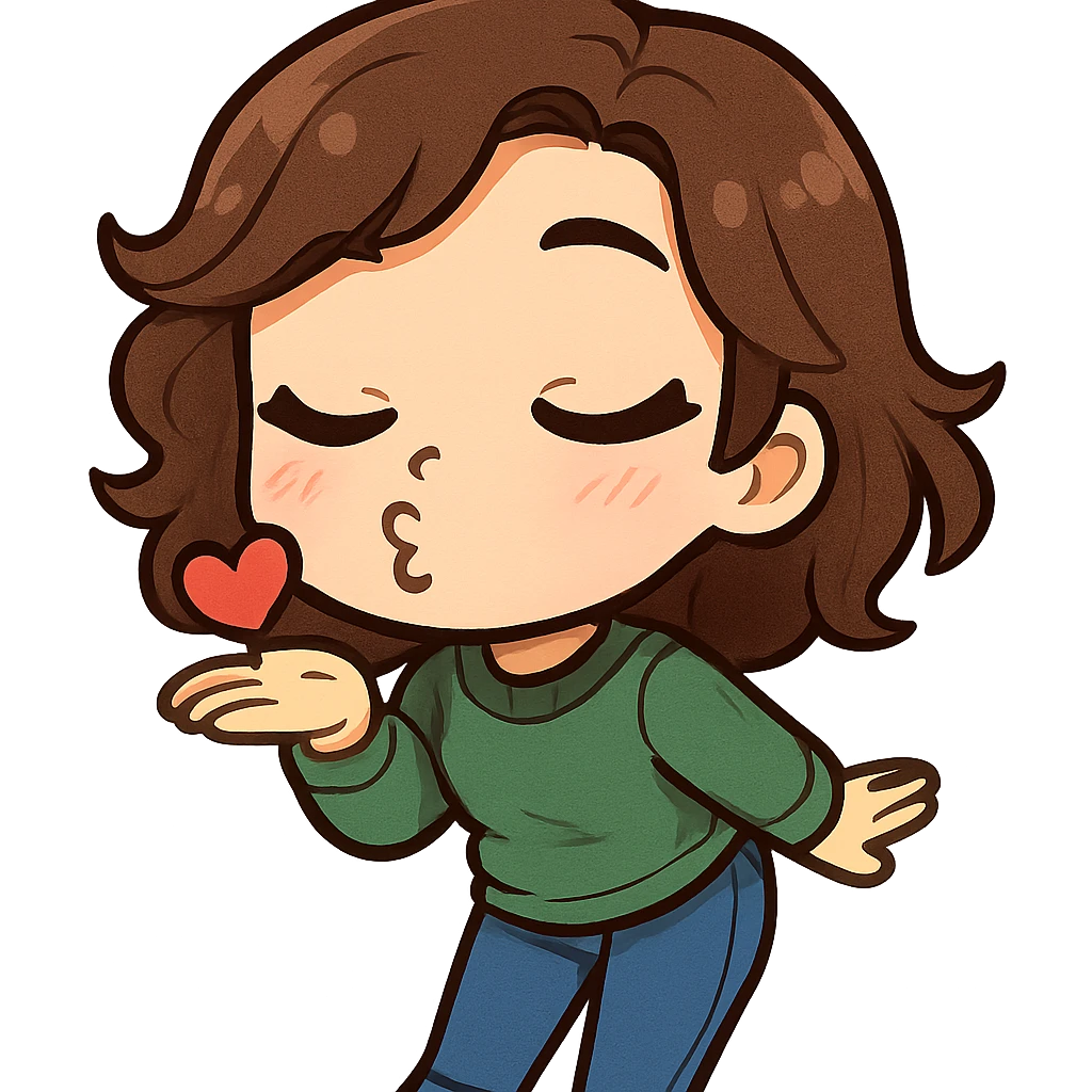 chibi emote of a woman in a green jumper and jeans, blowing a kiss, no headband, no sparkles, no wand, transparent background emoji
