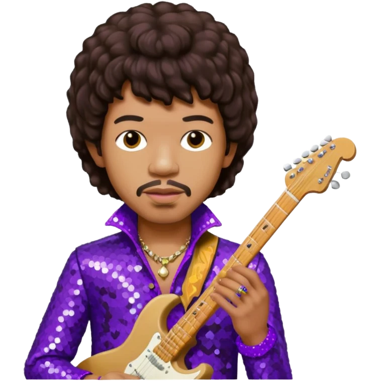 Jimi Hendrix with dark brown hair, purple sequin outfit emoji