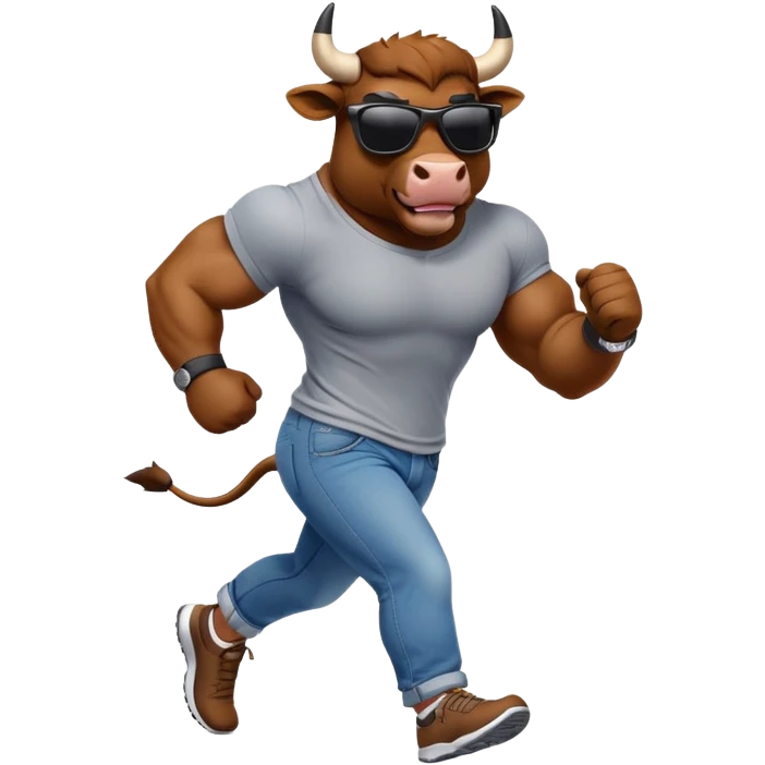 friendly anthropomorphised bull in jeans and a t-shirt, wearing dark sunglasses, jogging upright emoji