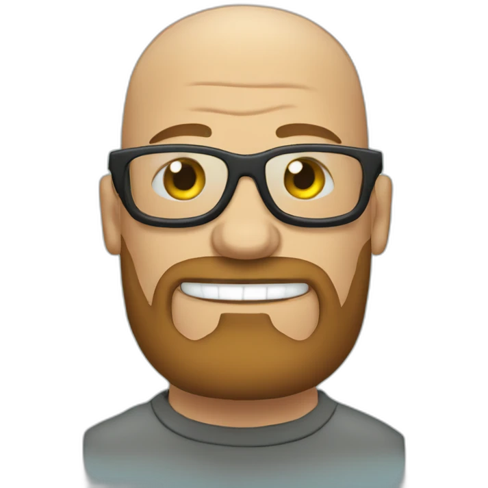 Tattooed bald man with beard and glasses, style Futurama emoji