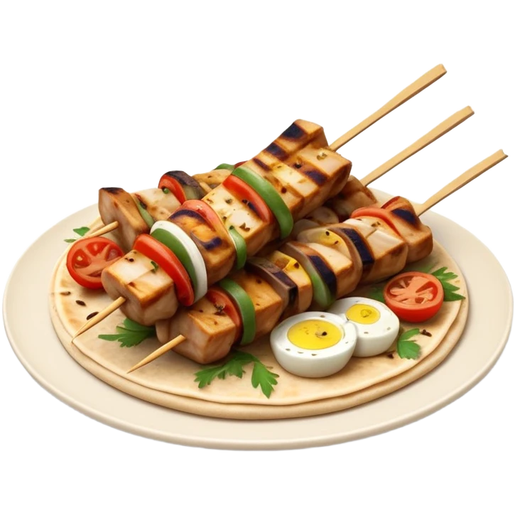 cinematic-realistic-souvlaki-dish-emoji,-showcasing-skewered,-grilled-chicken-with-mediterranean-spices-rendered-with-dynamic-textures-and-warm,-appetizing-lighting on pita bread on a plate emoji