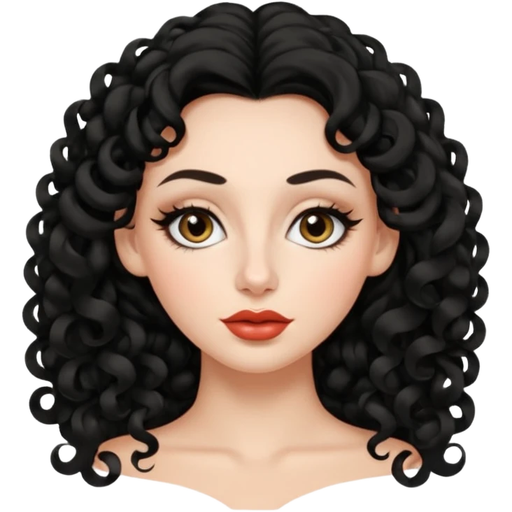 persona mujer con piel clara y rizos suaves color negro y largos  y sin volumen y con delineador en los ojos y con los labios medianos, ojos almendrados y nariz respringada emoji