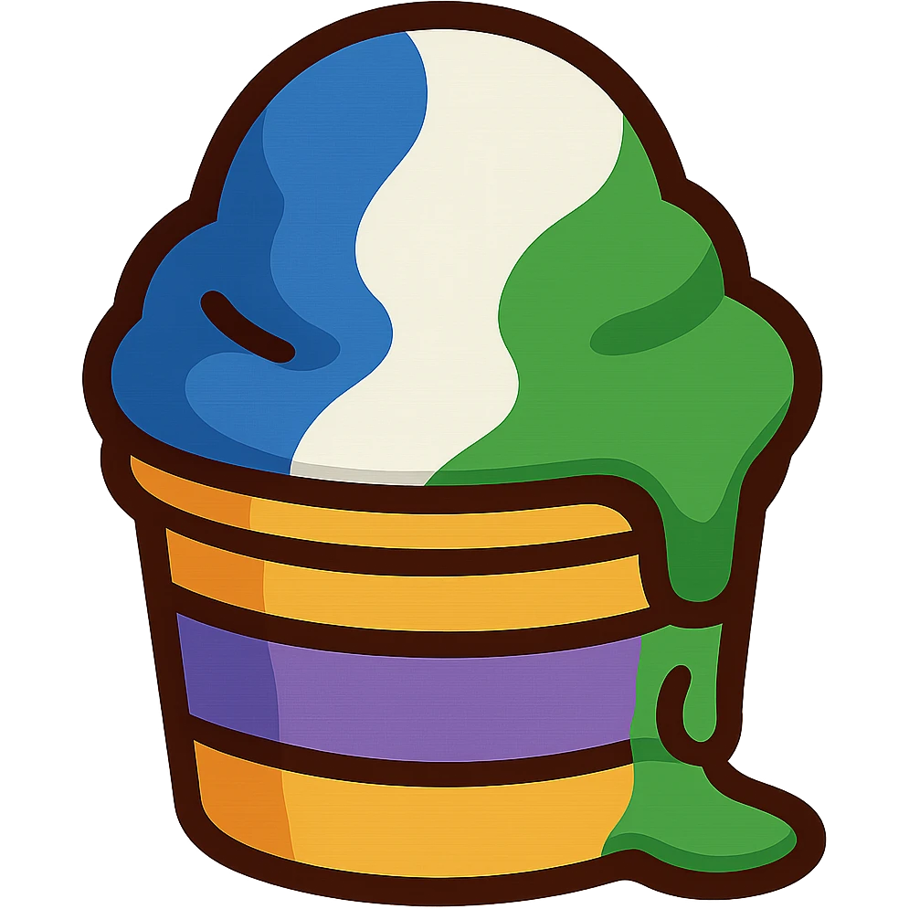 Change the Italian ice colors to blue, white, and green. Keep the scoop melting slightly in a paper cup, no background, vibrant toon style. emoji