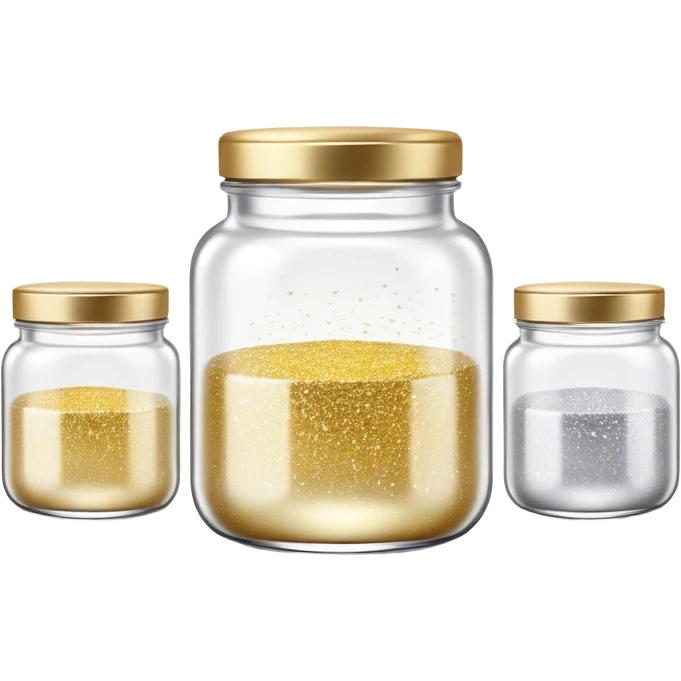 Cinematic Realistic Glitter Jars, elegant glass containers filled with ultra-fine shimmering gold and silver dust, light catching the tiny specks in a mesmerizing glow, slightly open lids revealing the rich, sparkling texture inside, set against a softly blurred background, radiating a sense of enchantment and wonder. emoji