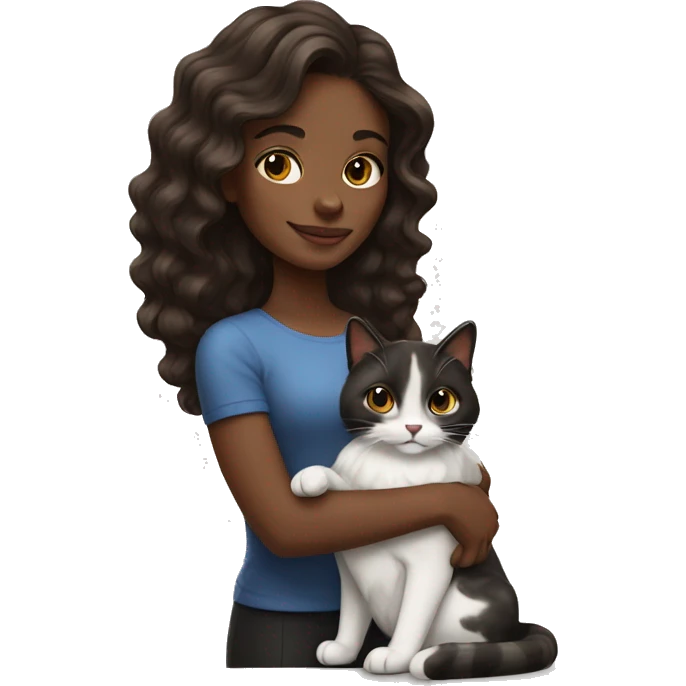 long wavy haired brown skin woman holding black and white cat emoji