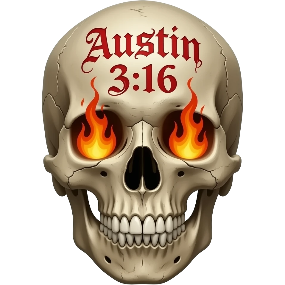 human skull, partially missing top, jaw slightly open, teeth chipped, Austin 3:16 carved in forehead, eye & nose cavity with flames, words a bright red Gothic font, entire skull is aged, sun dried, weathered emoji