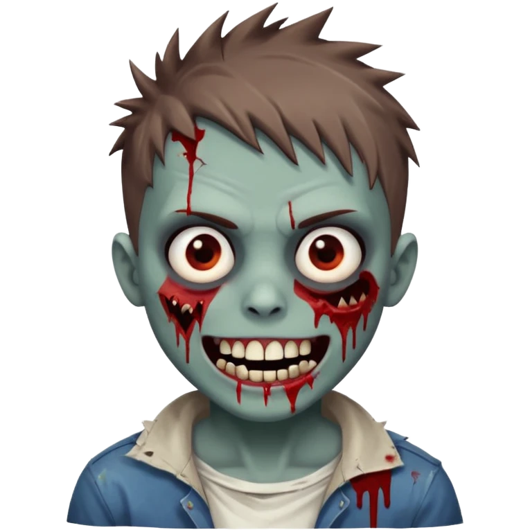 zombie boy with brown short spiky hair, white skin, and white eyes; an open smile, and bloodied teeth; emoji