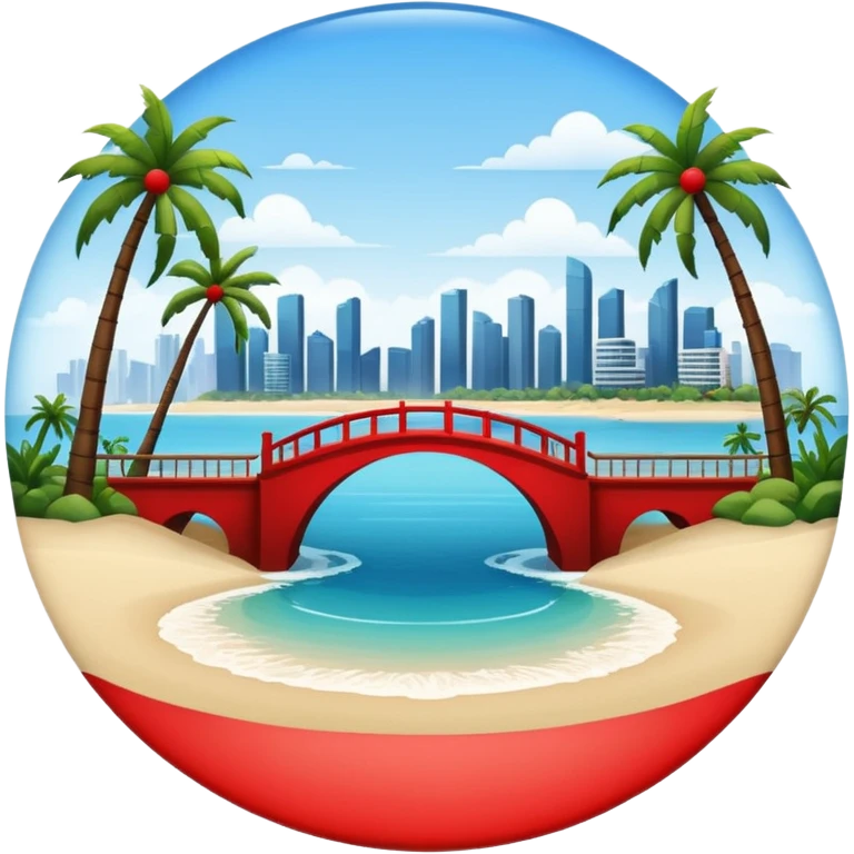 a circle island with modern buildings, a beach with palm trees and a red bridge in the back  emoji