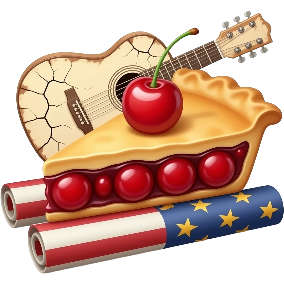 An old guitar peeks out from a piece of cherry pie that is placed on a rolled-up old American flag. emoji
