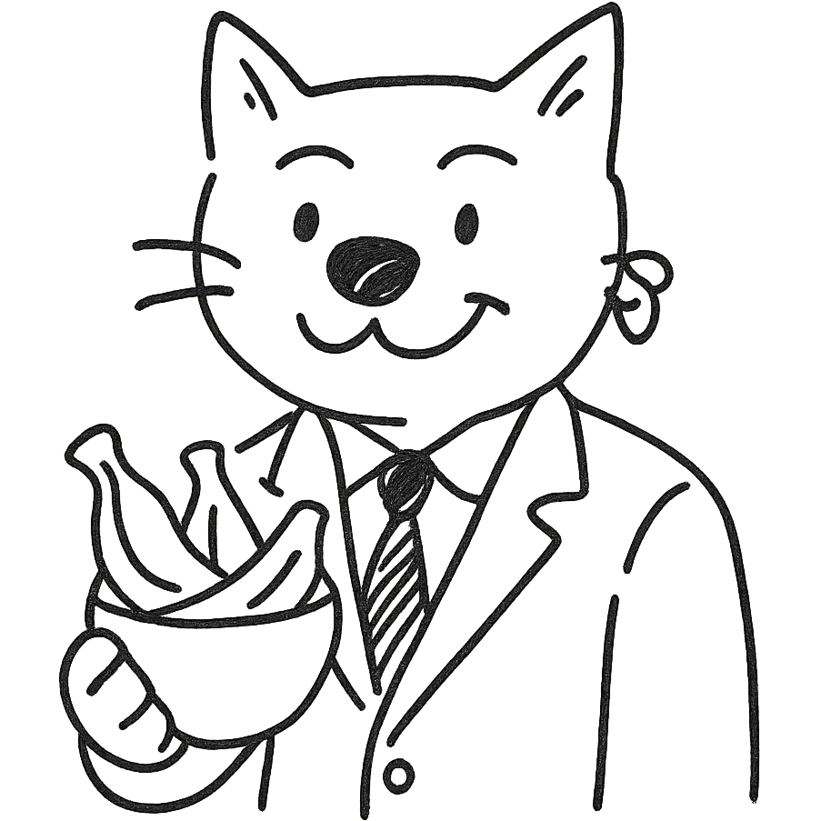 cat with a dog nose, wearing a suit, earring, holding a cup of bananas, playful expression emoji