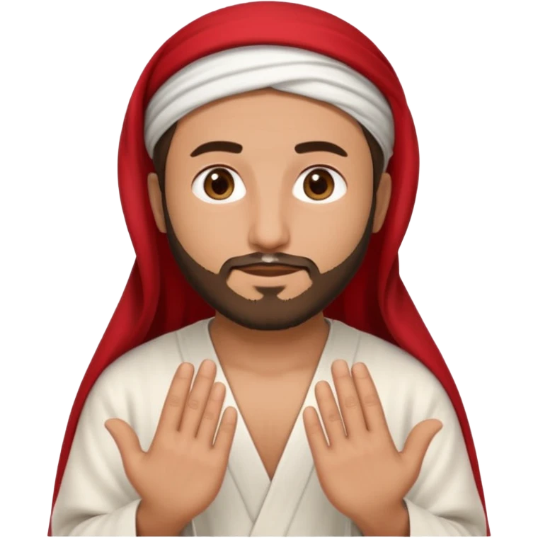 detailed iPhone-style emoji of a Saudi man with round cartoon face, short beard, gentle brown eyes, wearing white thobe and red-and-white shemagh with black agal, both hands gently shown emoji