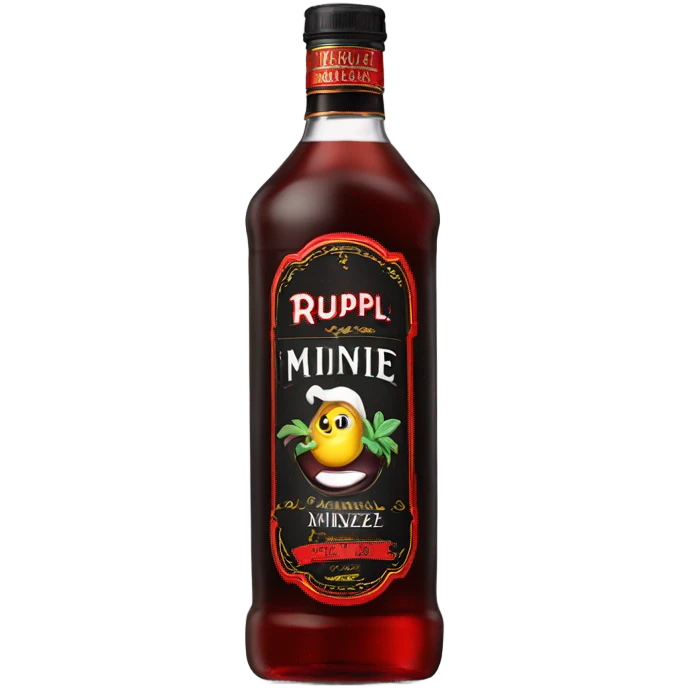 Tall clear bottle of rumple minze alcohol with black and red label emoji