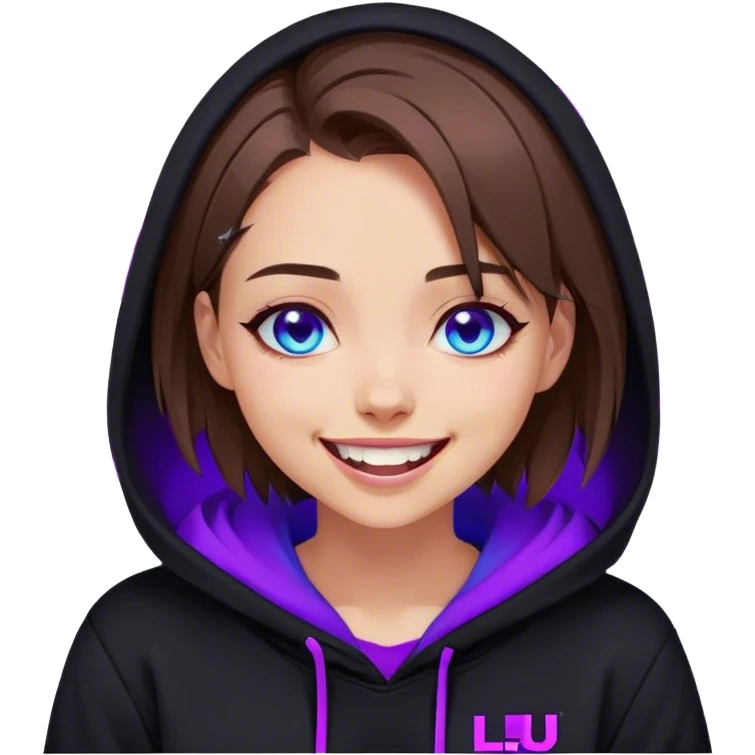 brown haired girl with a bob and blue eyes wearing black hoody with violet letters "Lu", laughs. Cyberpunk style. Violet neon. emoji