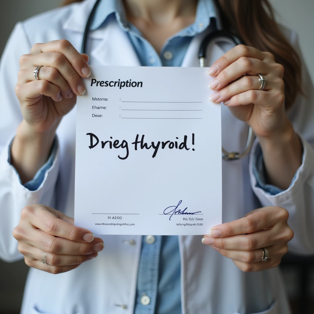 close-up of woman's hands holding a medical prescription with 'Dried pig thyroid' written, doctor's stamp and signature visible, neutral background, hyperrealistic 4K emoji