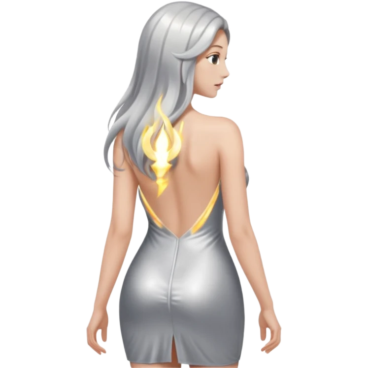 woman with light long hair in silver body looking at the camera from back with sexy pose emoji