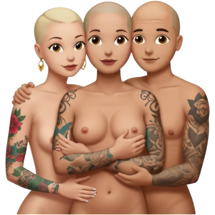 throuple tattooed sleeves bbald male with topless naked big boobed brunette and topless naked big boobed blonde girlfriends  loving  and sexy polygamy naughty  emoji