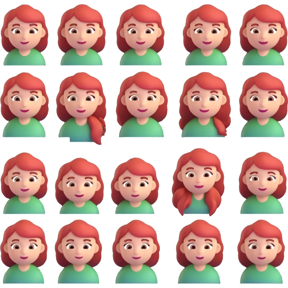 A set of emojis for a Telegram channel called 'Рыжая Начинка' featuring a red-haired girl with various expressions and activities, in the style of 3D emojis. emoji