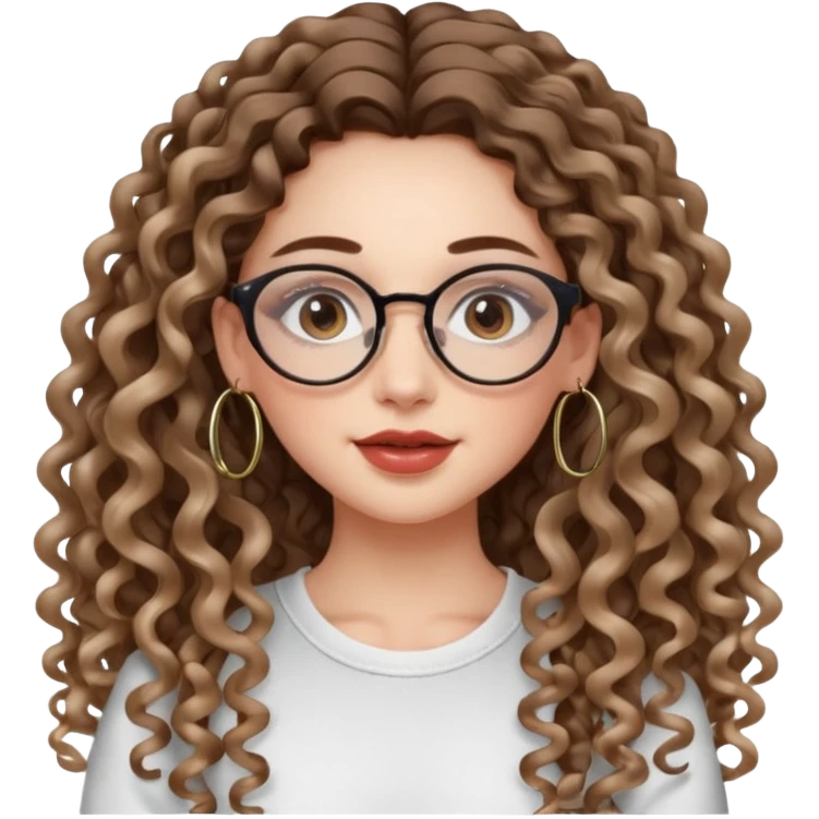 cute whilte girl with not volominous VERY LONG curly hair with balayage, brown eyes, full lips, natural clean girl makeup and hoop earrings and glasses emoji