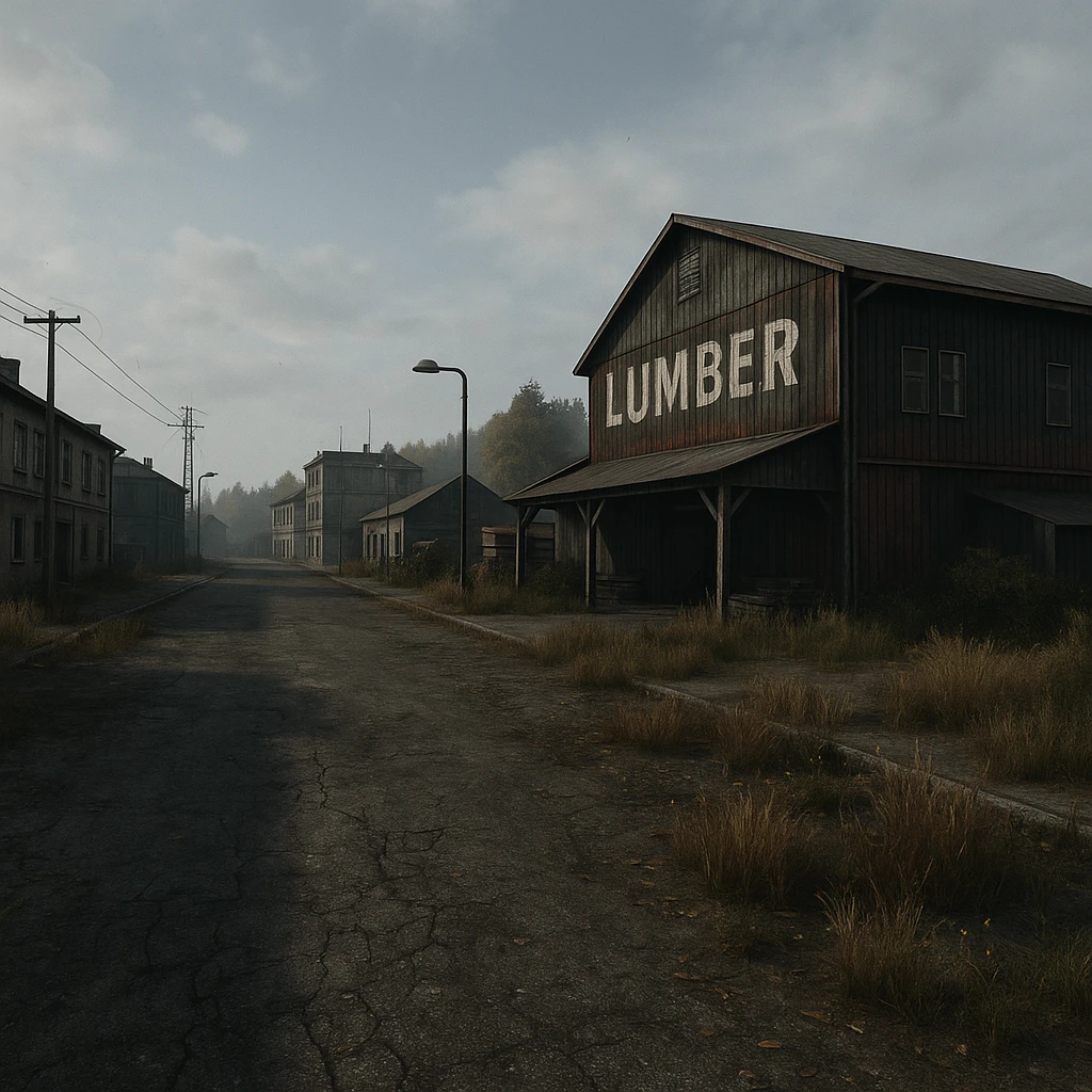 a view of the city street in a videogame: DayZ - in the town of berezio "lumber" [no text contained in the image] emoji